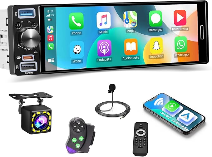 [Double USB] Single Din 1280*452 Incell Touchscreen Radio Wireless Apple Car Play, 6.5 inch Single Din Bluetooth Radio with FM/AM/RDS, EQ Settings, Type-C Port, Bluetooth, Mirror Link + Backup Camera