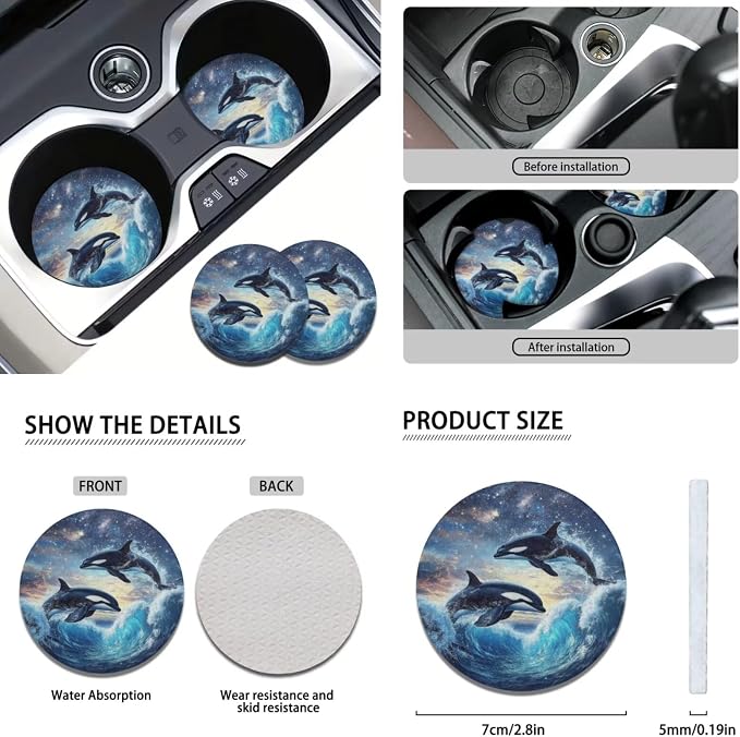 Killer Whale Car Seat Cover Set with Steering Wheel Wrap, Gear Lever Cover Hand Brake Cover and Seatbelt Pad Cover, Cup Holder Coaster Full Set of 11 Pack Auto Accessories