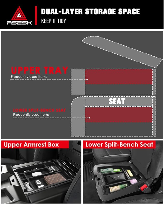 For 2019-2026 Chevy Silverado/Sierra 1500& 2020-2026 Silverado 2500HD 3500HD (Split-Bench Folding Seat) 2PCS Center Console Organizer - Upper&Lower Armrest Organizer ABS Materials ABS Materials