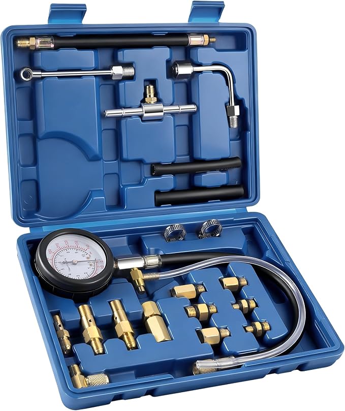 Fuel Pressure Tester Kit 0–140 PSI, Fuel Injection Pressure Tester & Fuel System Pressure Gauge Kit with Hoses and Adapters for Gasoline Cars Trucks Motorcycles（Blue）