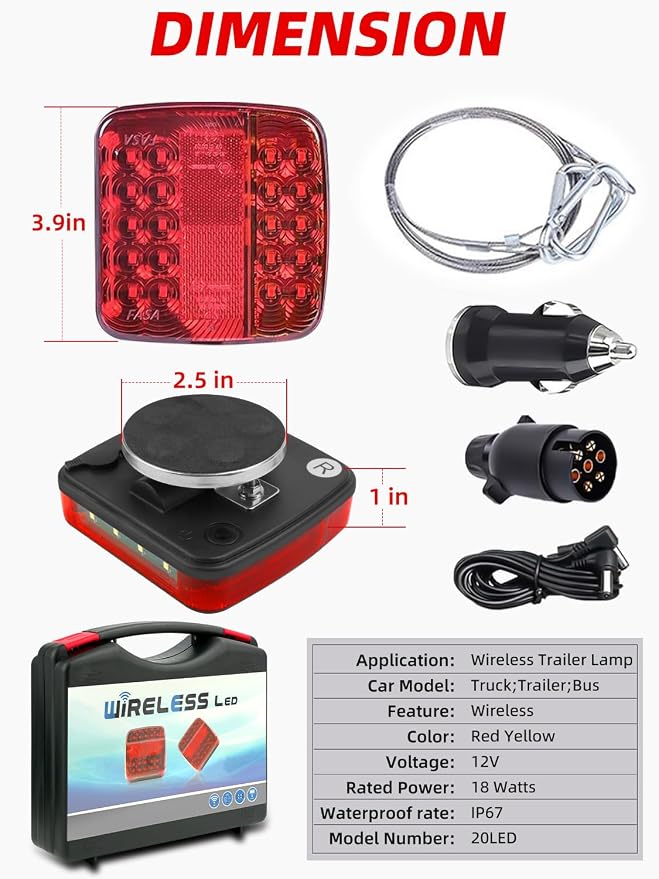 Wireless Trailer Lights Kit Magnetic, LED Wireless Tail Lights for Trailer with Strong Magnet and Rechargeable Battery, IP67 Waterproof, Portable Tow Light Set for Trucks, RVs, Boats, Campers