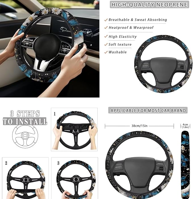 8 Pcs Moon Floral Butterfly Car Seat Covers Full Set Car Accessories for Women Front Seat Cover Steering Wheel Armrest Cover Seat Belt Cover for Auto SUV Interior Decoration