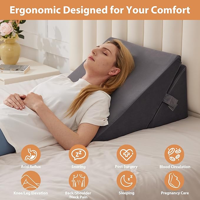 BIEEZZK Wedge Pillow, Adjustable Back Pillow for Sleeping, 9&12“ Bed Wedge Pillow Set for After Surgery, Triangle Memory Foam Pillow Wedges for Headboard, Acid Reflux, Snoring, GERD, Grey