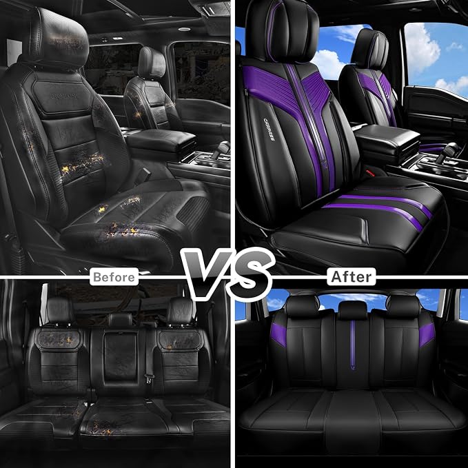 CAR PASS Nappa Leather Seat Covers, Breathable Waterproof Car Seat Covers Full Set, Luxury Leather Front and Back Seats Full Coverage, Universal Fit SUV Pick-up Truck Sedan Automotive(Black Purple)
