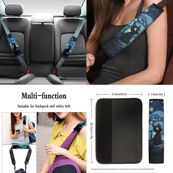 Black Cat Starry Night Print Car Accessories Car Seat Covers Full Set with Steering Wheel Covers+Seat Belt Pads+Coasters+Keychain+Lipstick Holder Universal Fit 13 Pack