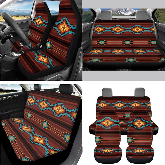 AFPANQZ Vintage Aztec Graphics Car Seat Covers - Full Set with Steering Wheel, Gear Shift Knob, Handbrake Covers, Seat Belt Shoulder Pads, Cup Holder - Universal 11 Piece Gift - Brown & Red