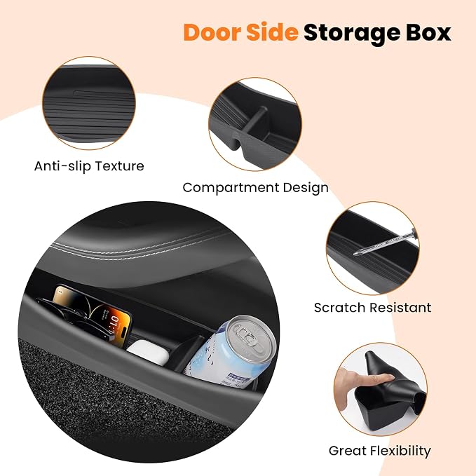 Canvcle 6PCS Under Seat Storage Box Organizer & Door Side Storage Box for 2025 2026 Tesla Model Y Juniper Accessories, Front Seats Underseat Storage Bins Door Tray Insert, Hidden Organizer TPE Black
