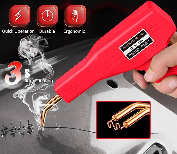 220W Plastic Welder, 1200PCS Staples 40PCS Rods Plastic Welding Kit, 5 in 1 Welding Tips Tape Sandpaper Wire Mesh Stand Metal Brush Screwdriver Plastic Welder Kit Bumper Repair Kit (Red)