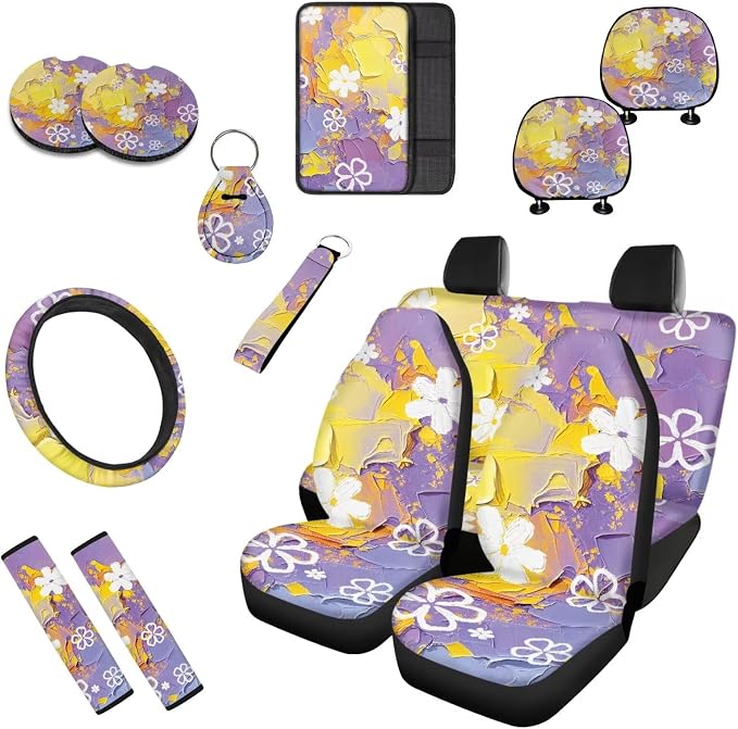 Daisy 13 Pcs Car Seat Covers, Flower Relief Print Universal Driver Seat Cover Protector Armrest Pad, Purple Yellow Floral Steering Wheel Armrest Cover Seatbelt Cup Mats