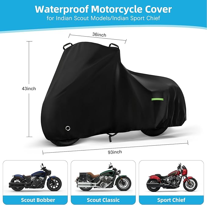 Motorcycle Cover Waterproof for Indian Scout/Scout Bobber/Scout Sixty/Sport Chief, Heavy Duty Outdoor Sun Rain Snow UV Dust All Weather Protection Motorbike Cover with Soft Cotton Lining & Lock Hole