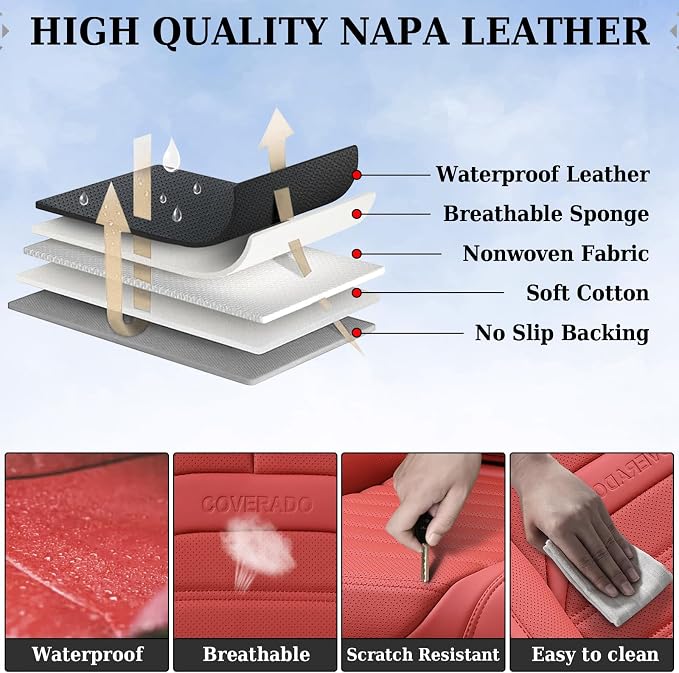 Coverado Seat Covers, Car Seat Covers Front Seats, Automotive Seat Covers, Waterproof Nappa Leather Car Seat Cover, Car Seat Cushion,Red Seat Covers Carseat Cover Universal Fit for Most Cars