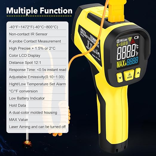 Infrared Thermometer Gun, TEMIRUP Digital Laser Thermometrer Temperature Gun with Probe, -40°F to 1472°F, IR Temp Gun with Color LCD for Cooking, Pizza Oven, Griddle Grill, Adjustable Emissivity