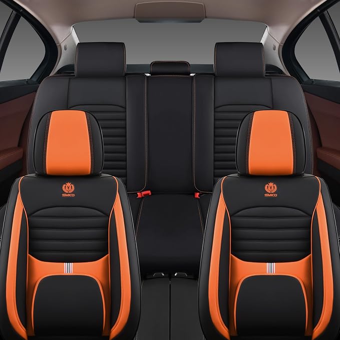 BGYFDU03 Seat Cover 5-Seater Full Set, Universal Type, Suitable for Most Cars Pickup Ttrucks Airbags Compatible with Synthetic Leather Car Seat Cushion Protectors (Black-Orange)