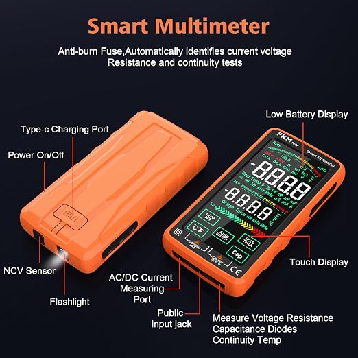 FKM Pro Digital Multimeter Tester,Compact & Rechargeable Voltmeter w/ 5″ Touch Screen,Auto-Ranging,TRMS 6000 Counts,High Accuracy,Smart Electrical Tester Measures DC/AC Voltage,Current,Resistance,Temp