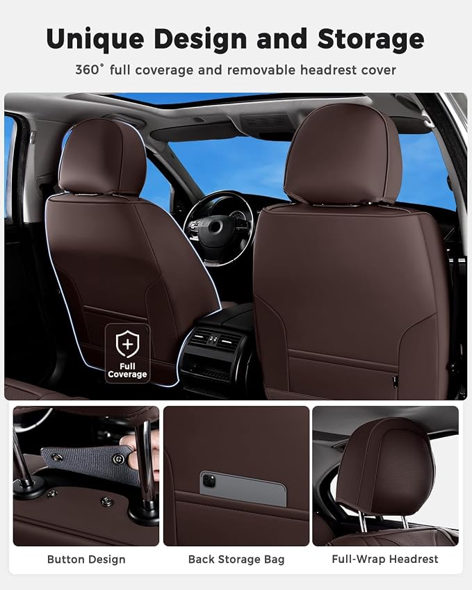 Huidasource Coffee Seat Covers Luxury Nappa Leather, Car Seat Cover with Velcro Adjustable, Airbag, Lumbar Support, Cooling and Heating, SUV Seat Covers Universal Fit for Most Cars SUV Trucks, Coffee