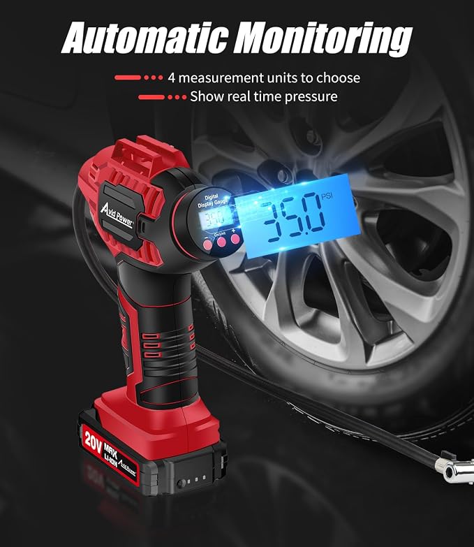AVID POWER Tire Inflator Portable Air Compressor,20V Cordless Tire Pump, Rechargeable Air Pump for Car Tires and other Inflatables (Red)