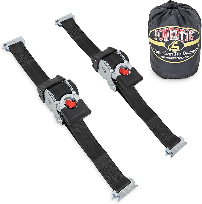 PowerTye - 2inch x 10ft Long Retractable Ratchet Tie Down Strap with E-Track Clips - Self-Retracting Ratchet, 800 lb W.L.L., Ideal for Cargo, ATV, Golf Carts, Includes Storage Bag, Black (Pair)