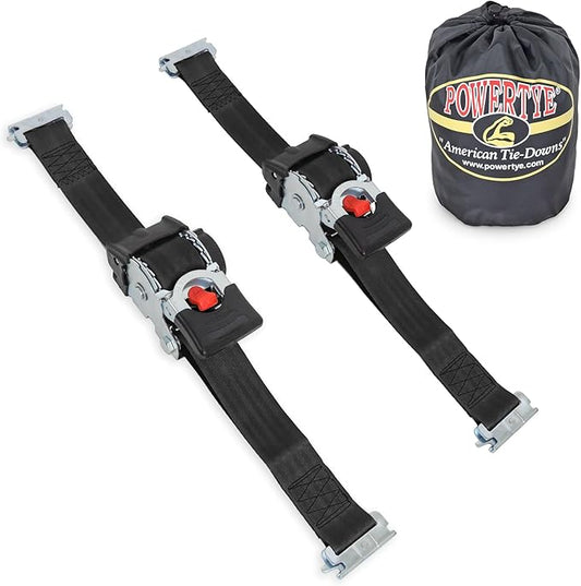 PowerTye - 2inch x 10ft Long Retractable Ratchet Tie Down Strap with E-Track Clips - Self-Retracting Ratchet, 800 lb W.L.L., Ideal for Cargo, ATV, Golf Carts, Includes Storage Bag, Black (Pair)