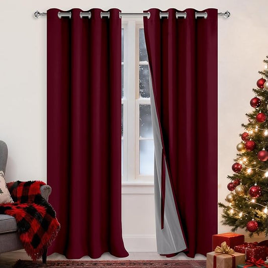 XWZO 100% Blackout Curtains Panels with Tiebacks- Heat and Full Light Blocking Window Drapes for Bedroom/Nursery, 95 Inches Long Thermal Insulated Draperies,Grommet, Burgundy, W52 x L95, Set of 2