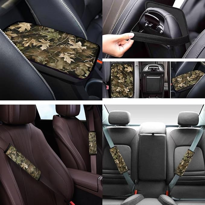 Camo Hunting Forest 12 Pcs Car Seat Covers Full Set with Steering Wheel Cover,Seat Belt Covers Cup Holder Center Console with Keychain Universal Fit for Cars SUV