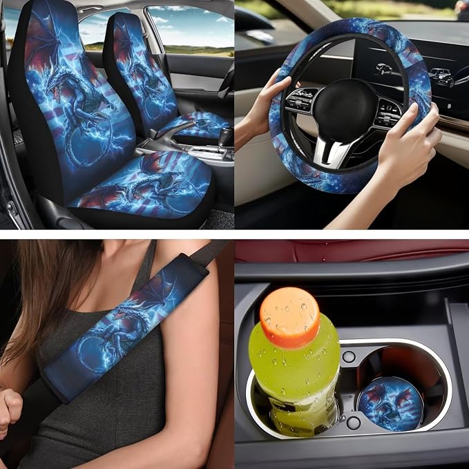 Bulopur Western Dragon Lightning Car Seat Covers Full Set with Matching Steering Wheel Cover American Flag Car Interior Decor Set for Truck Van Sedan Car Armrest Cover Seat Belt Covers Coasters