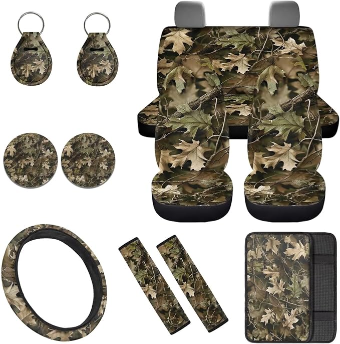 Camo Hunting Forest 12 Pcs Car Seat Covers Full Set with Steering Wheel Cover,Seat Belt Covers Cup Holder Center Console with Keychain Universal Fit for Cars SUV
