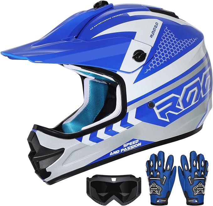 Youth Dirt Bike Helmet DOT Approved, Kids Motocross Full Face Helmet with Adjustable Goggles Riding Gloves & Storage Bag, Off-Road Sport Gear Set for Boys Girls ATV UTV