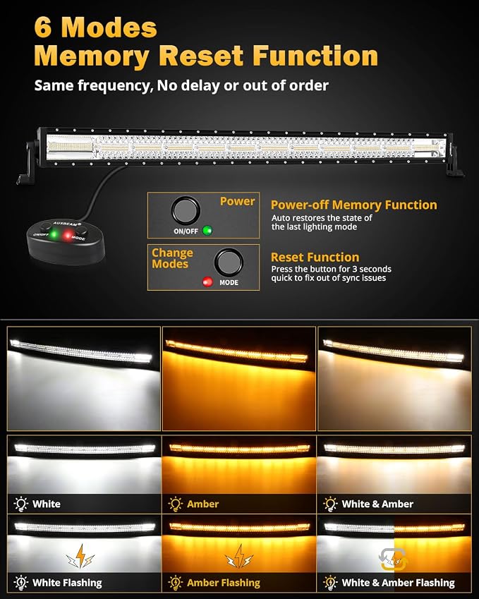 Auxbeam 6 Modes Amber White Series 50 Inch Curved LED Light Bar | 2-color option, 288W high power, Multi-funtion, Spot flood combo, Driving fog light, offroad strobe light, for Jeep trucks