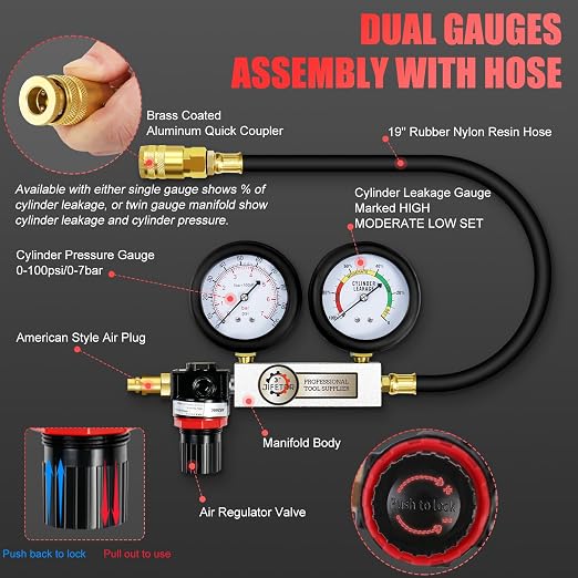 JIFETOR Cylinder Leak Down Tester Kit, Automotive Engine Compression Dual Gauge Leakdown Test Set with 10 12 14 18mm Spark Plugs Universal for Small Engine Motorcycle ATV, Red Case