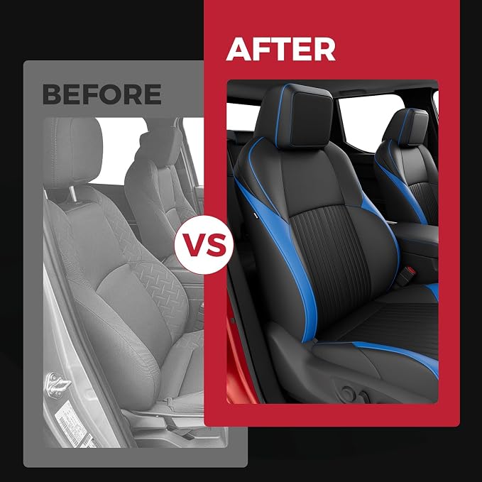 FREESOO Custom Fit Leather Tacoma Seat Covers Full Set Gen 4Th 2024-2026 Double Cab, for Sr/Sr5/Trd Prerunner/TRD Sport/TRD Off-Road/Limited, Seat Covers for Tacoma (5 Seats, BlackBlue)