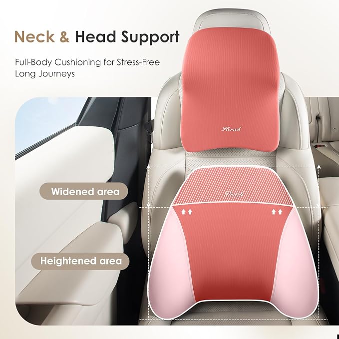 FLORICH Car Seat Cushion & Lumbar Support Pillow & Car Neck Pillow Ergonomic and 100% Memory Foam, Upgraded Larger and Breathable Car Seat Cushion & Back Support Pillow - Pink