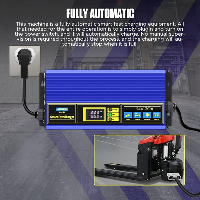 24V 30A Smart Fast Battery Charger – Fully Automatic Heavy-Duty Charger for Golf Cart, Forklift, Floor Scrubber | 200AH-300AH Lead-Acid Batteries with Cooling Fan & Overheat Protection
