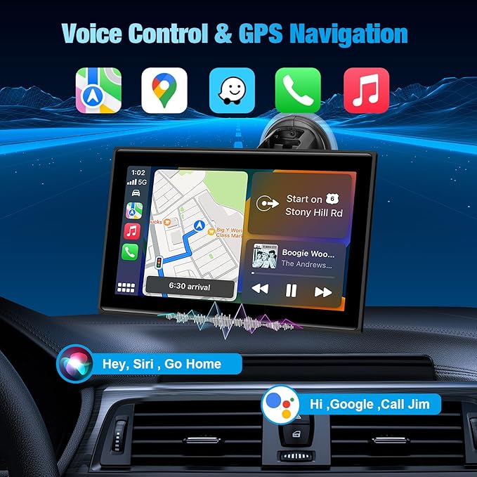 Carplay Screen for Car，7" Portable Wireless Carplay & Android Auto - HD Touchscreen Car Play with Bluetooth, Mirror Link, Live Map,Voice Control, FM Transmit (Black)