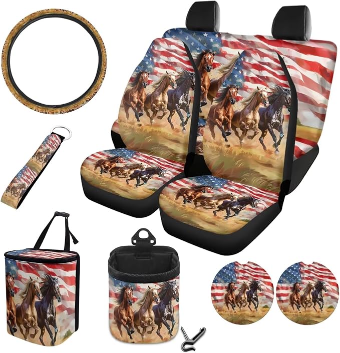 Horses American Flag Print Car Accessories Pack of 10, Front and Rear Seat Covers Car Trash Bin Steering Wheel Cover Cup Holders Keychain Air Vent Storage Bag Car Interior Decor Fit Most Cars