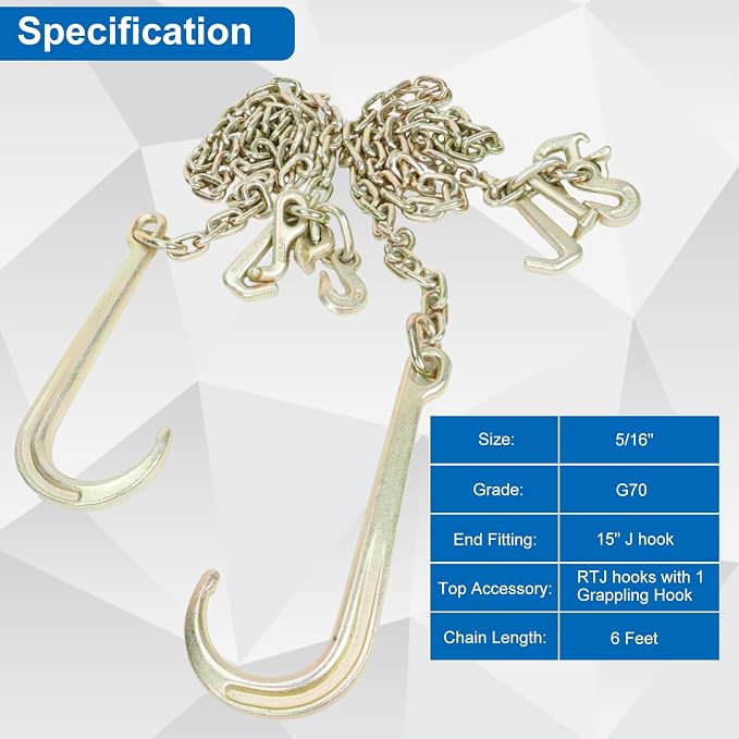 2 Pack 5/16 Inch x 6 ft Grade 70 Tow Chains with 15 Inch Long Shank J Hook and R T J Cluster & Grab Hooks, 4700 lbs Working Load Limit