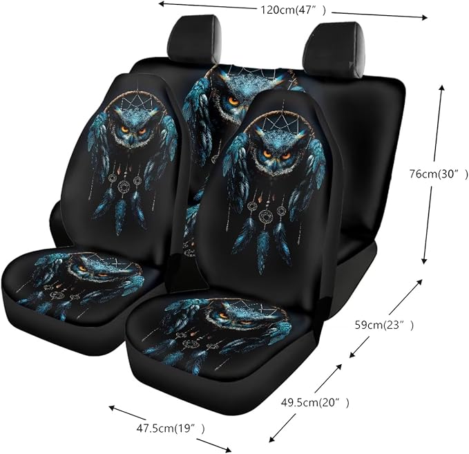 Owl Dreamcatcher Pattern Car Accessories Set of 13, Non Slip Car Seat Covers Full Set with Steering Wheel Cover, Safe Belt Shoulder Pad, Cup Coasters Universal Fit for SUV Sedan