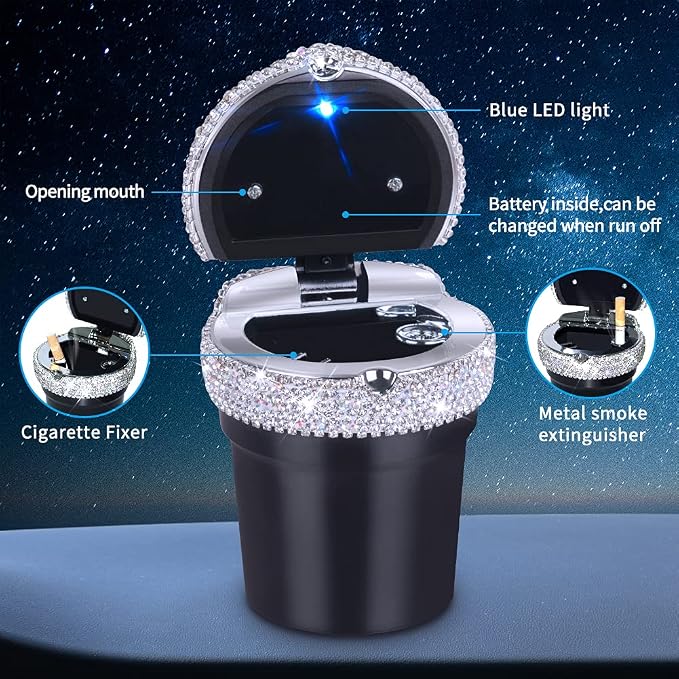 eing Car Ashtray Portable Bling Cigarette Smokeless Cylinder Cup Holder with Blue LED Light Indicator,Car Accessories for Women,Ideal for Car,Home and Office,2 - Pack Black+White