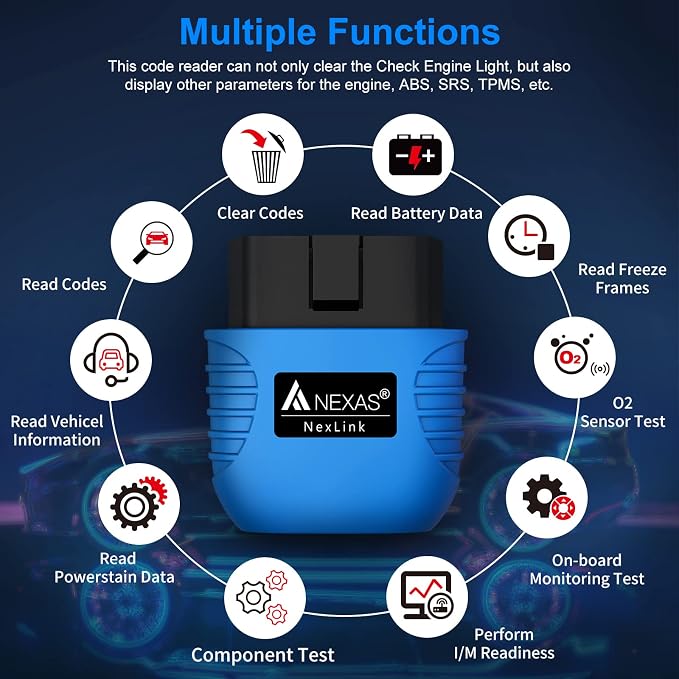 NEXAS NexLINK Bluetooth OBD2 Scanner for Car - Check Engine Light Code Reader with Live Data & Performance Test, Wireless Diagnostic Scan Tool with Resets for All US Vehicles, Works with iOS Android