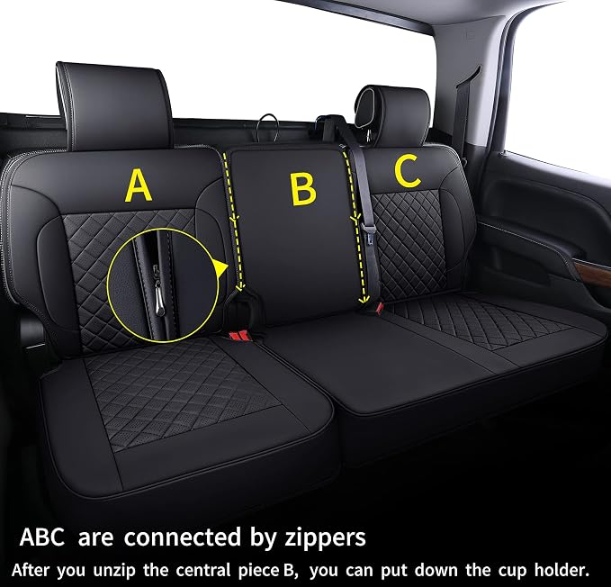 LUCKYMAN CLUB Chevy Silverado/Sierra P01-S1 Rear Seat Covers, Fit 2007-2013&2019-2024 1500/2008-2014&2020-2024 2500 HD/3500 HD Crew Cab with Breathable Faux Leather (Rear only, Black)