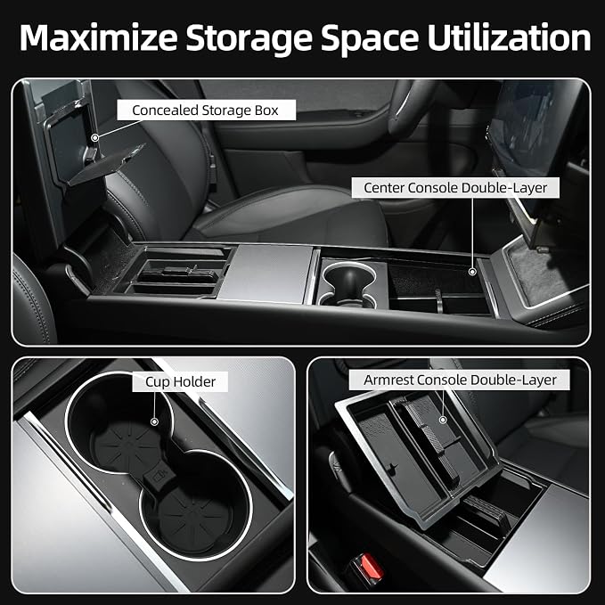 4-Piece Dual-Layer Center Console & Armrest Storage Box for 2024-2026 Tesla Model 3 Highland / 2025-2026 Model Y Juniper, Sliding/Lift-Up, Premium ABS, Tool-Free