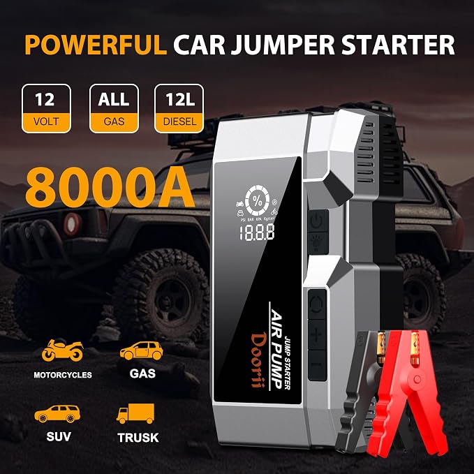 8000A Car Jumper Starter Portable with PD65W USB-C Fast Charging(in/Out), 10-in-1 Jump Starter with Air Compressor, 150PSI Tire Inflator for Up to All Gas/12L Diesel