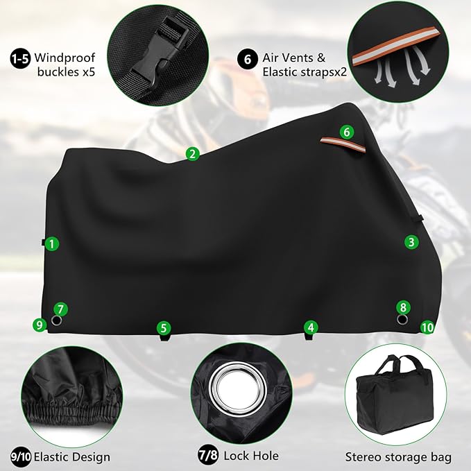 Roasivi Motorcycle Covers Outdoor Waterproof Motorbike Covers All Season Universal Weather Protection for Harley Davidson Touring Models General Fits XL 86" L x 41" W x 49" H Black