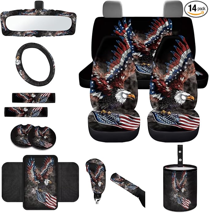 Eagle Print Car Seat Covers Full Set for Men American Flag Print Front and Rear Car Seat Covers with Gear Lever Cover Handbrake Cover Garbage Bag Safety Belt Pads Cup Cushions