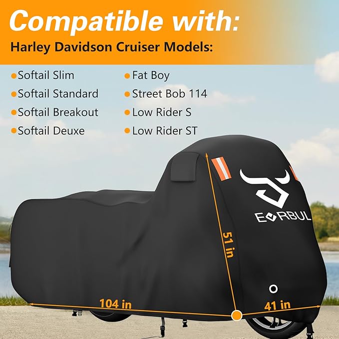 Heavy Duty 420 Motorcycle Cover Compatible with Cruiser Models Harley Davidson Softail Slim,Softail Standard, Softail Breakout, Softail Deuxe, Fat Boy, Street Bob 114