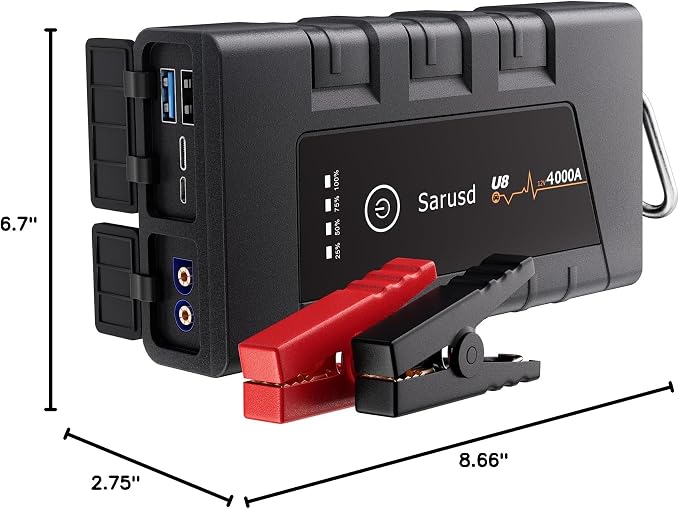 Car Jump Starter 4000A Car Battery Booster Jump Starter Up to 7L Gas/5.5L Diesel 12V Auto Battery Pack Portable Jump Starter Box with Jumper Cables, IP67 Waterproof, USB Cable & LED Light (U8)