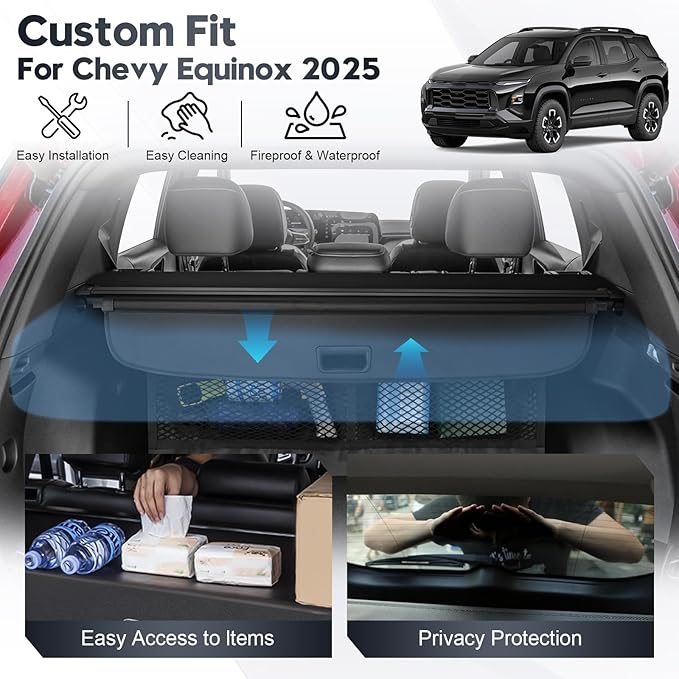 Cargo Cover for Chevy Equinox 2025 2026 GMC Terrain with Extra Storage Net, Retractable Trunk Cover for Chevrolet Equinox 2025 2026 Security Shade Shield Cover No Gap Design