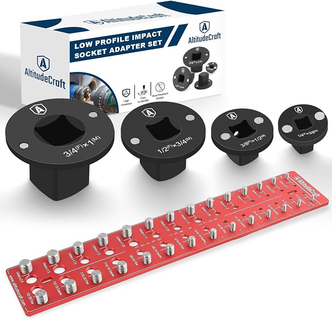 Combo – Thread Checker with SUS304 Bolts & 6061 Aluminum Base + 2025 Low Profile Impact Socket Adapter Set, 4PC Cr-Mo Steel Drive Ratchet Converters for Tight Spaces
