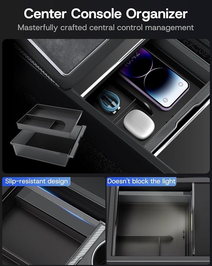 Center Console Organizer Tray for Tesla Model 3 Highland 2024-2026 & Model Y Juniper (Premium & Performance), 8PCS - PC Material & Silent Silicone Sunglasses Holder Armrest Hidden Storage Box