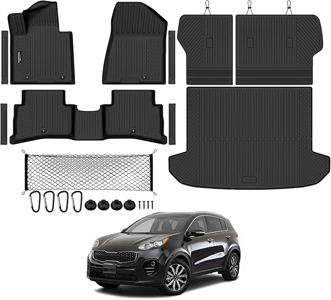 Tongama-Floor Mats for 2017-2022 Kia Sportage, All Weather TPE Trunk Mat and Backrest Mats Protector and Cargo Net and Door Sill Guards for Kia Sportage Floor Liner Accessories