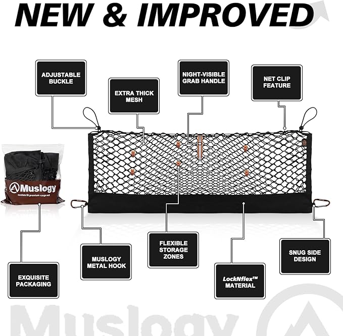 Muslogy Envelope Style Trunk Cargo Net Compatible with 2024 2025 2026 Hyundai Santa Fe Accessories Custom Fit Trunk Organizer Upgraded Storage Luggage Net with Metal Hooks